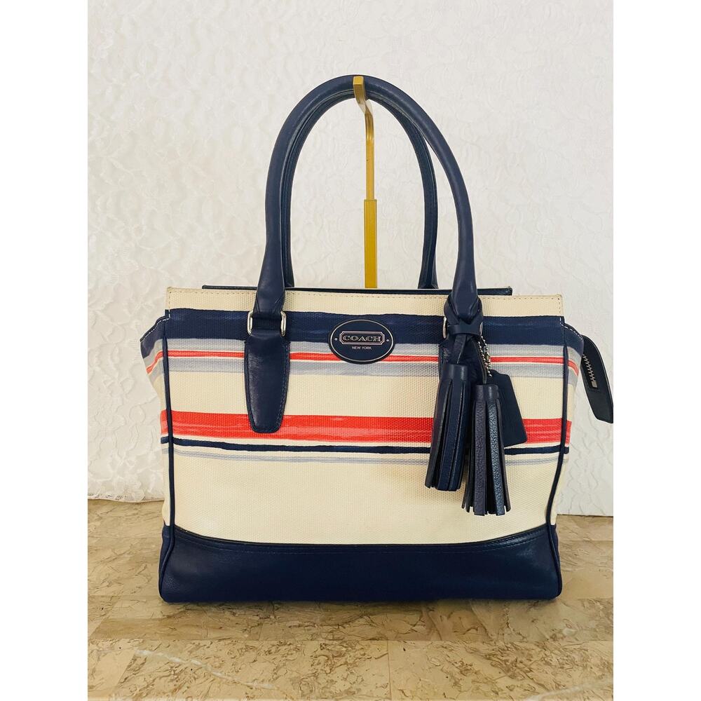 Coach Candance legacy stripe indigo canvas/Leather TOte, sHoulder Bag 22397